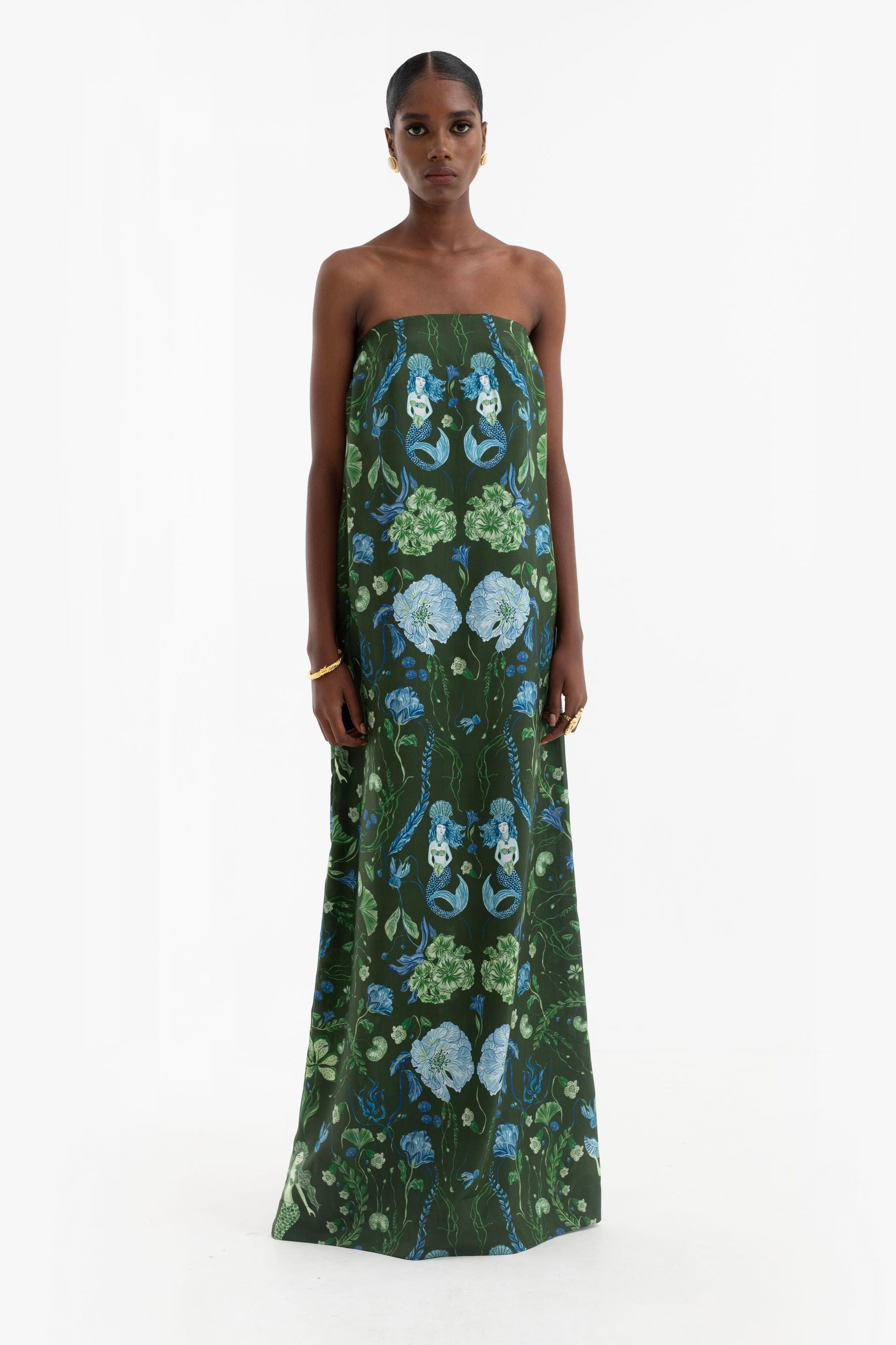 green and white silk dress TIANA MATTE SILK SATIN DRESS